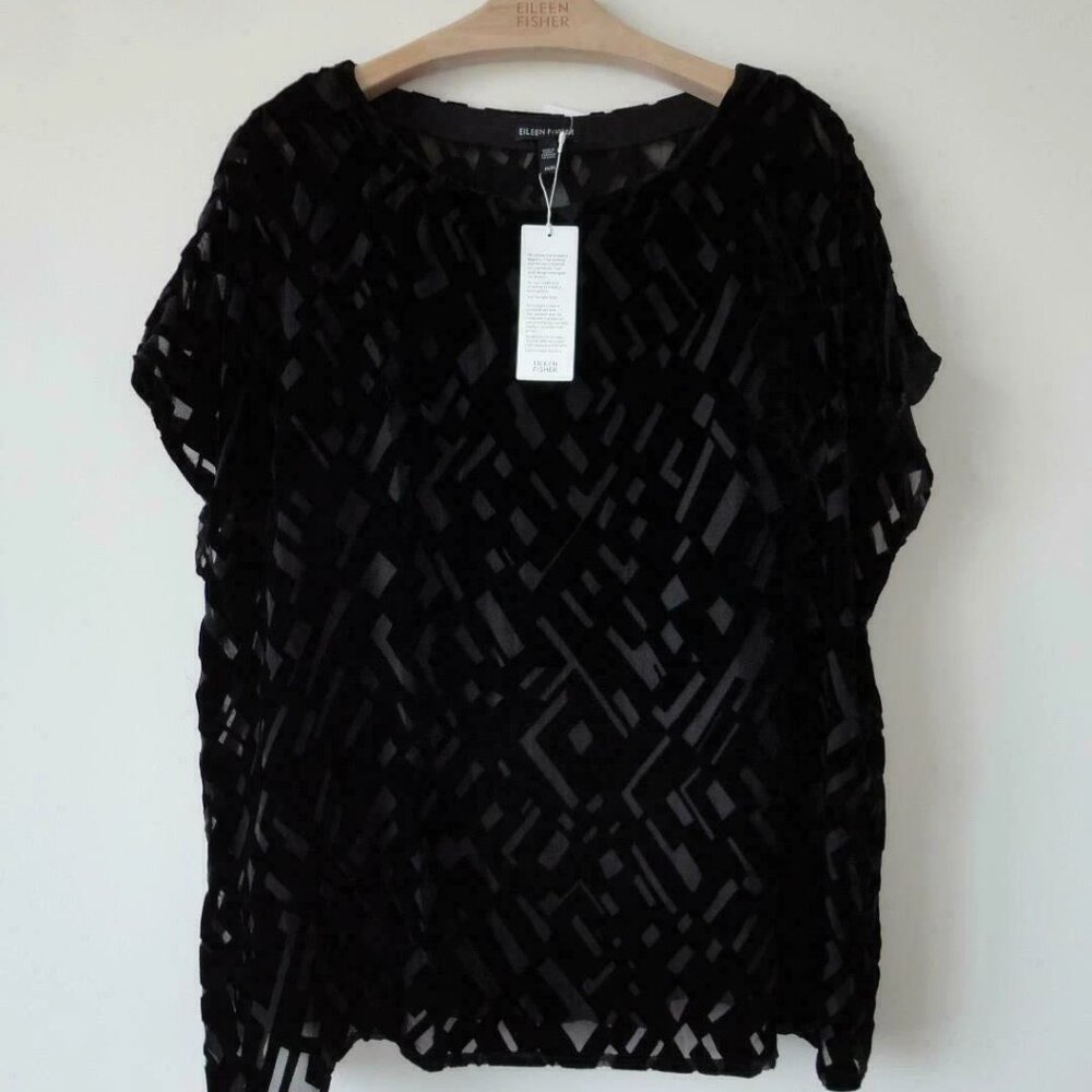 NWT EILEEN FISHER Black Bateau Neck Velvet Boxy Burnout Blouse Top Medium